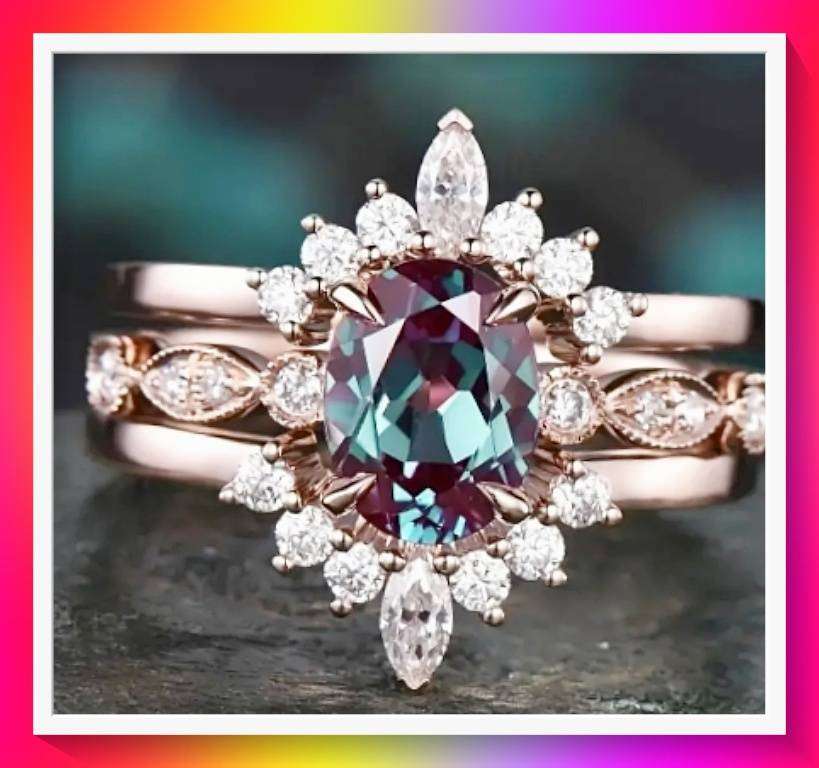 Stunning Sunflower Design Vintage Style Ring Set with Blue Faux Gemstone S9