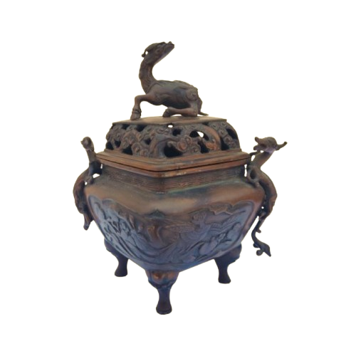 Antique Bronze Chinese 4 Footed Censor Pot with Dragons