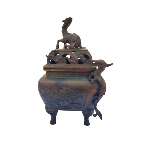Antique Bronze Chinese 4 Footed Censor Pot with Dragons