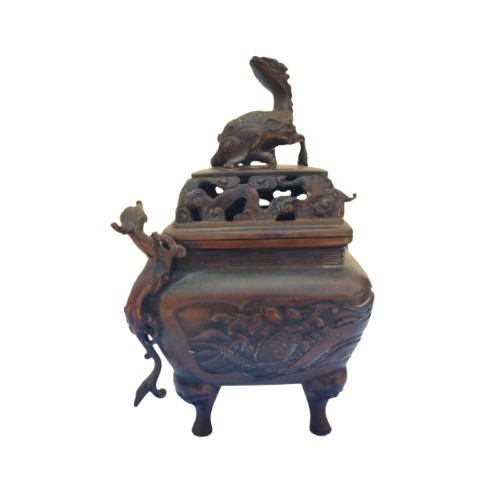 Antique Bronze Chinese 4 Footed Censor Pot with Dragons
