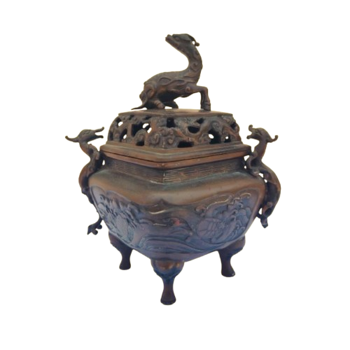 Antique Bronze Chinese 4 Footed Censor Pot with Dragons