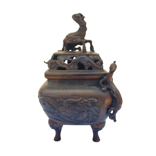 Antique Bronze Chinese 4 Footed Censor Pot with Dragons