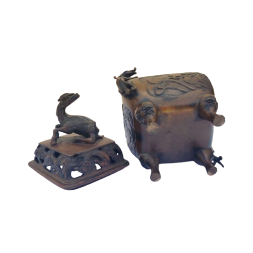 Antique Bronze Chinese 4 Footed Censor Pot with Dragons