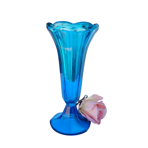 Vintage Blue Art Glass Trumpet Stemmed Vase