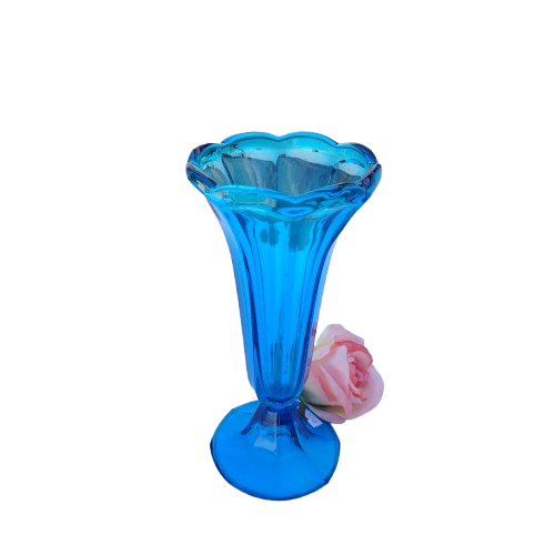 Vintage Blue Art Glass Trumpet Stemmed Vase