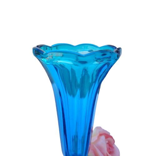 Vintage Blue Art Glass Trumpet Stemmed Vase