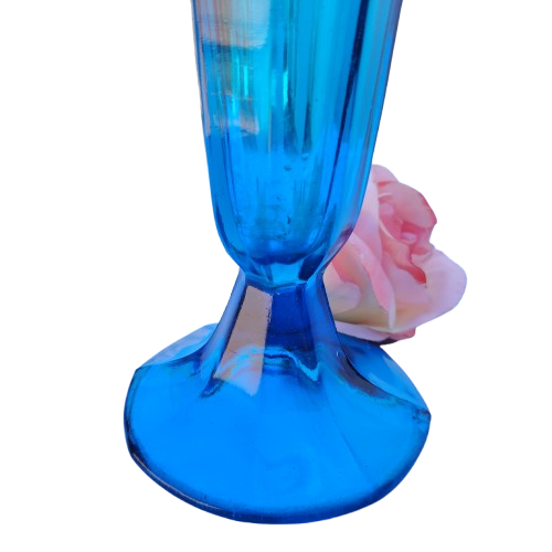 Vintage Blue Art Glass Trumpet Stemmed Vase