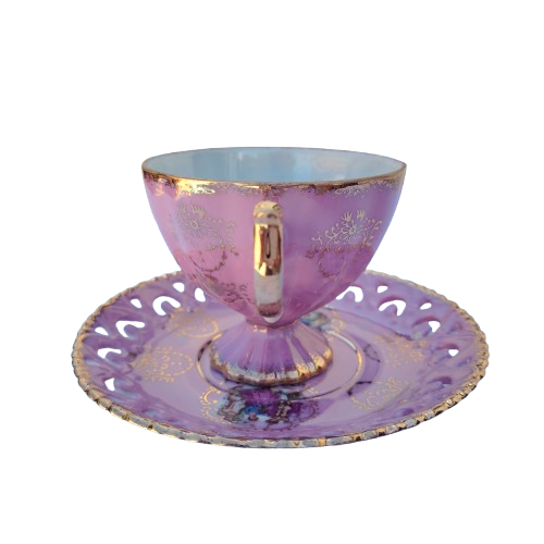 Japanese Pink Open Work Luster Iridescent Cup & Saucer
