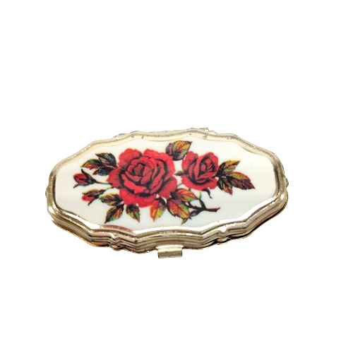 Vintage Gold Tone Hinged With Rose Flower Design Travel Size Pill Holder
