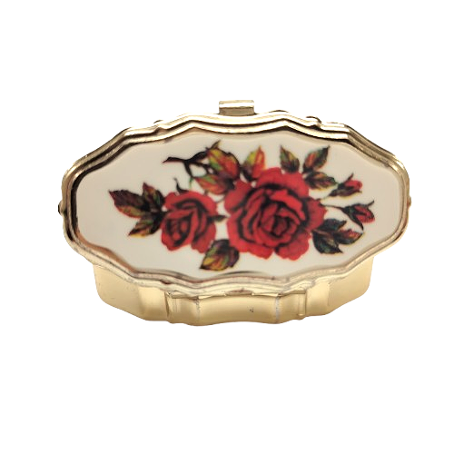 Vintage Gold Tone Hinged With Rose Flower Design Travel Size Pill Holder