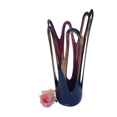 Jozefina Krosno Hand Blown Art Glass Compote Mid Century Purple Jellyfish vase