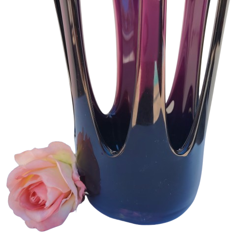 Jozefina Krosno Hand Blown Art Glass Compote Mid Century Purple Jellyfish vase