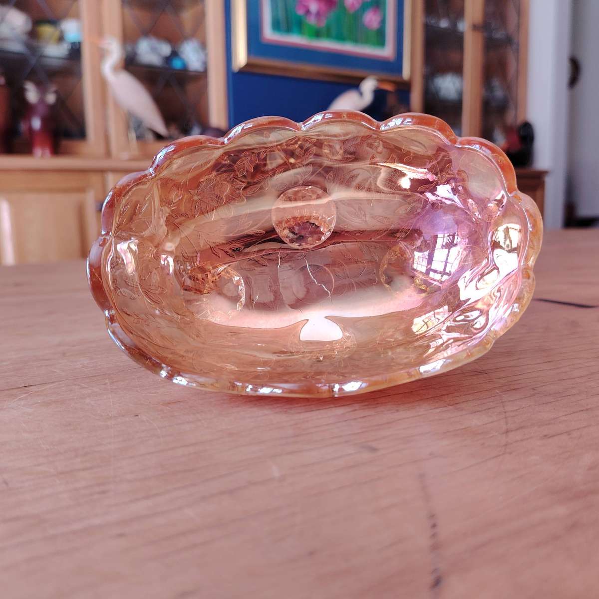 Vintage Jeannette Floragold Louisa Iridescent Carnival Footed Candy Trinket Dish