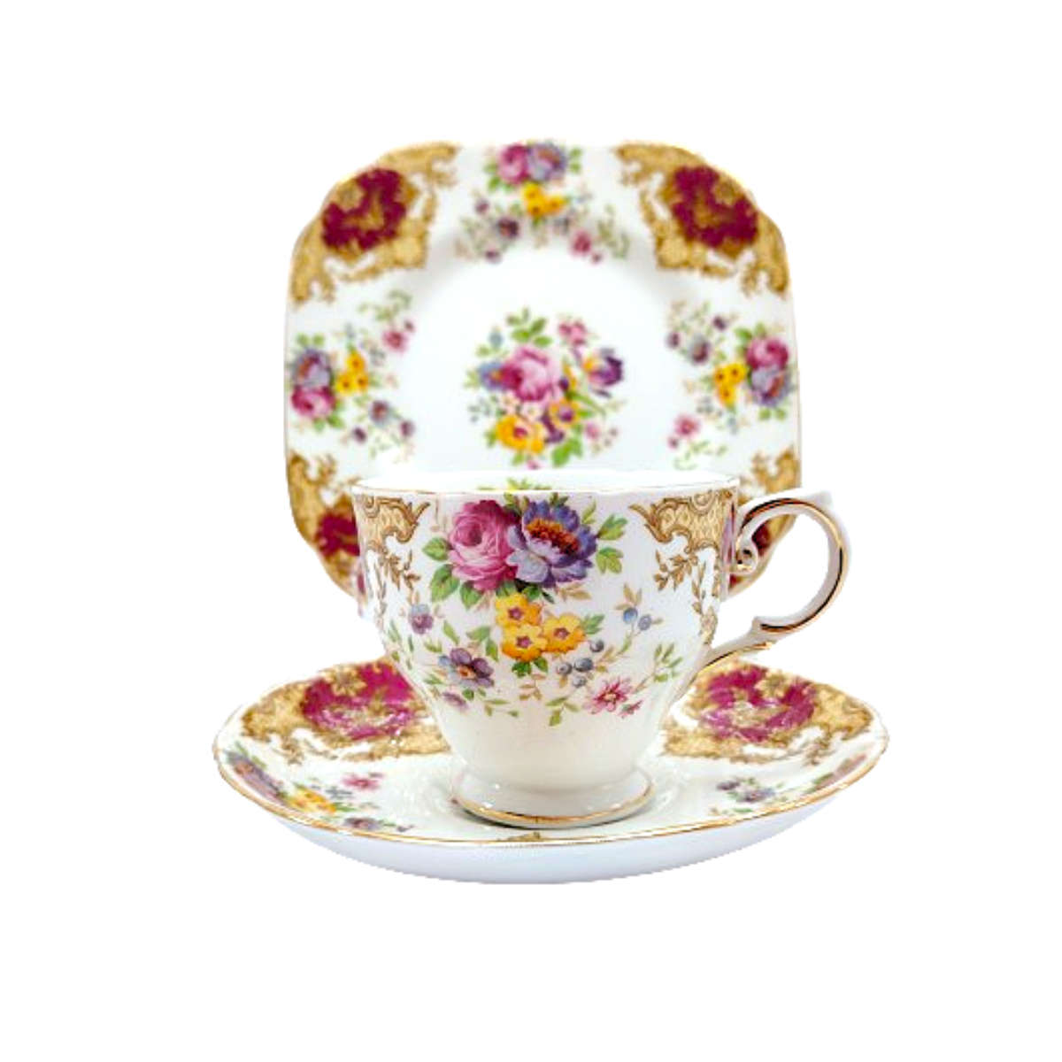 Tuscan Burgundy `Provence` Teacup Trio Set - High Tea at Home