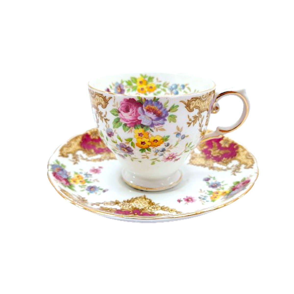 Tuscan Burgundy `Provence` Teacup Trio Set - High Tea at Home
