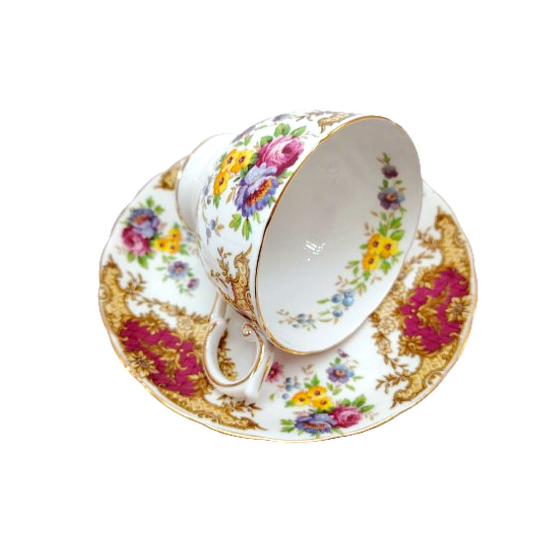 Tuscan Burgundy `Provence` Teacup Trio Set - High Tea at Home