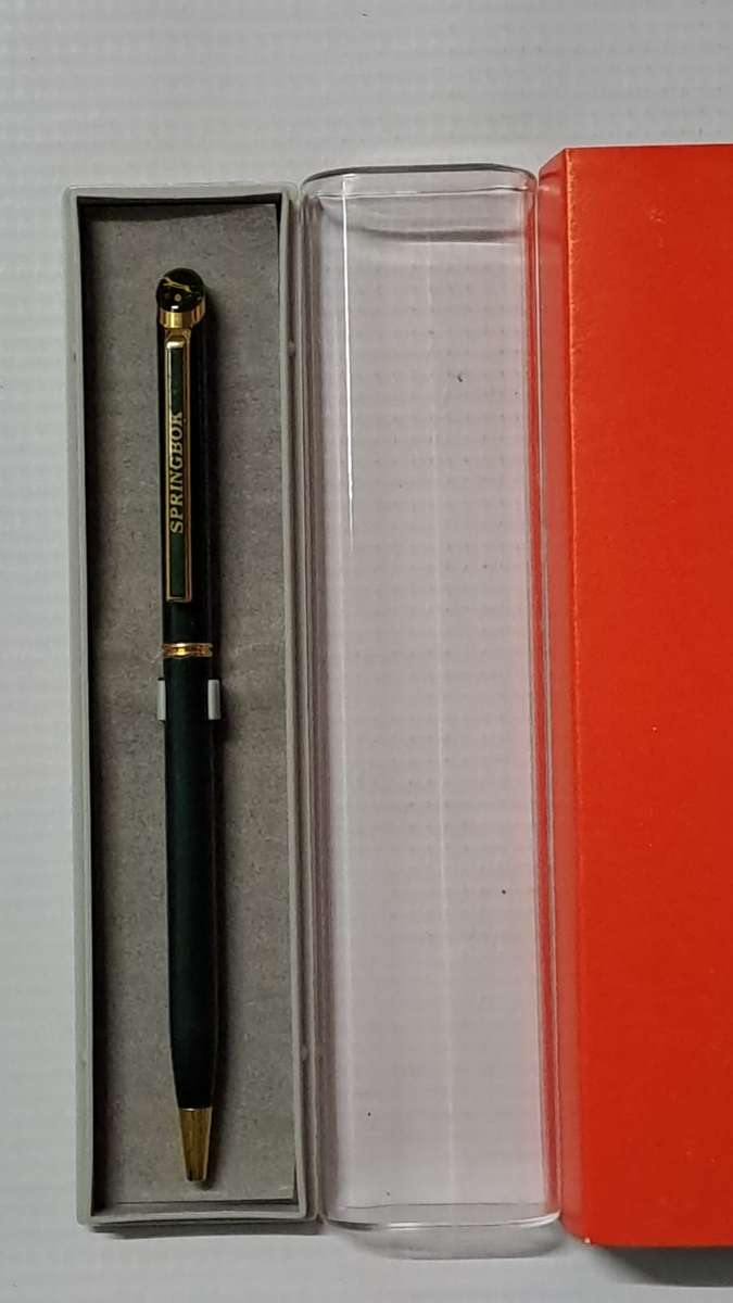 South African Pens 1 x Collectable Springbok Pen. Type 2.  No Ink. + display box (metal/green)
