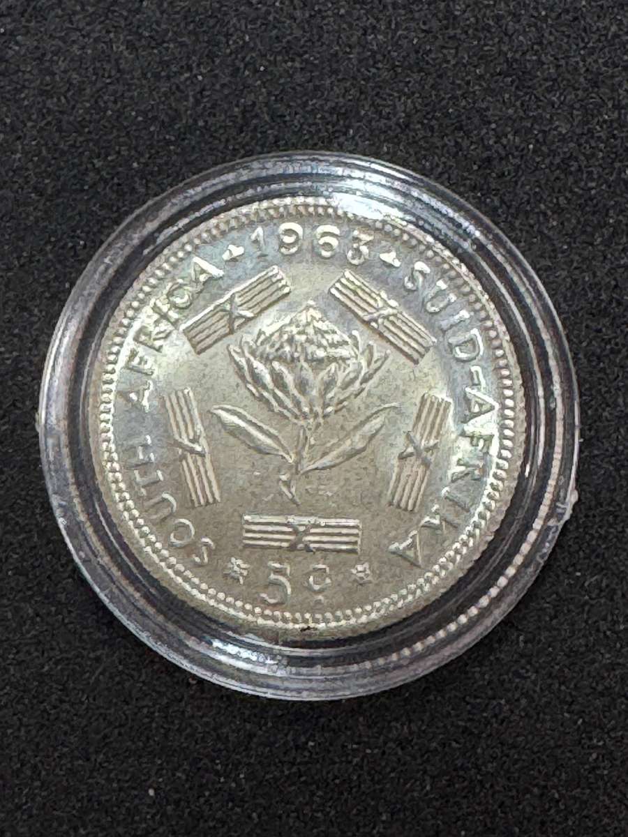 1963 South African 5c Silver Coin. UNC.