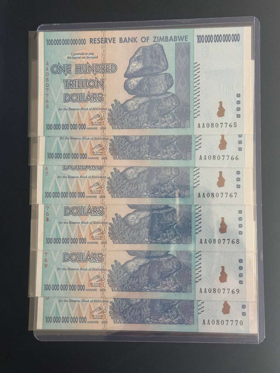 6pcs Zimbabwe 100 Trillion Dollar Banknote, AA0807765 To AA0807770