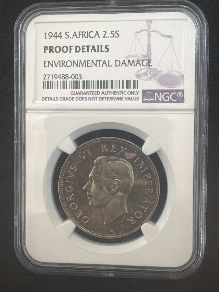 1944 South African 2.5 Shillings Proof. Environmental Damage. (MINTAGE: 150)