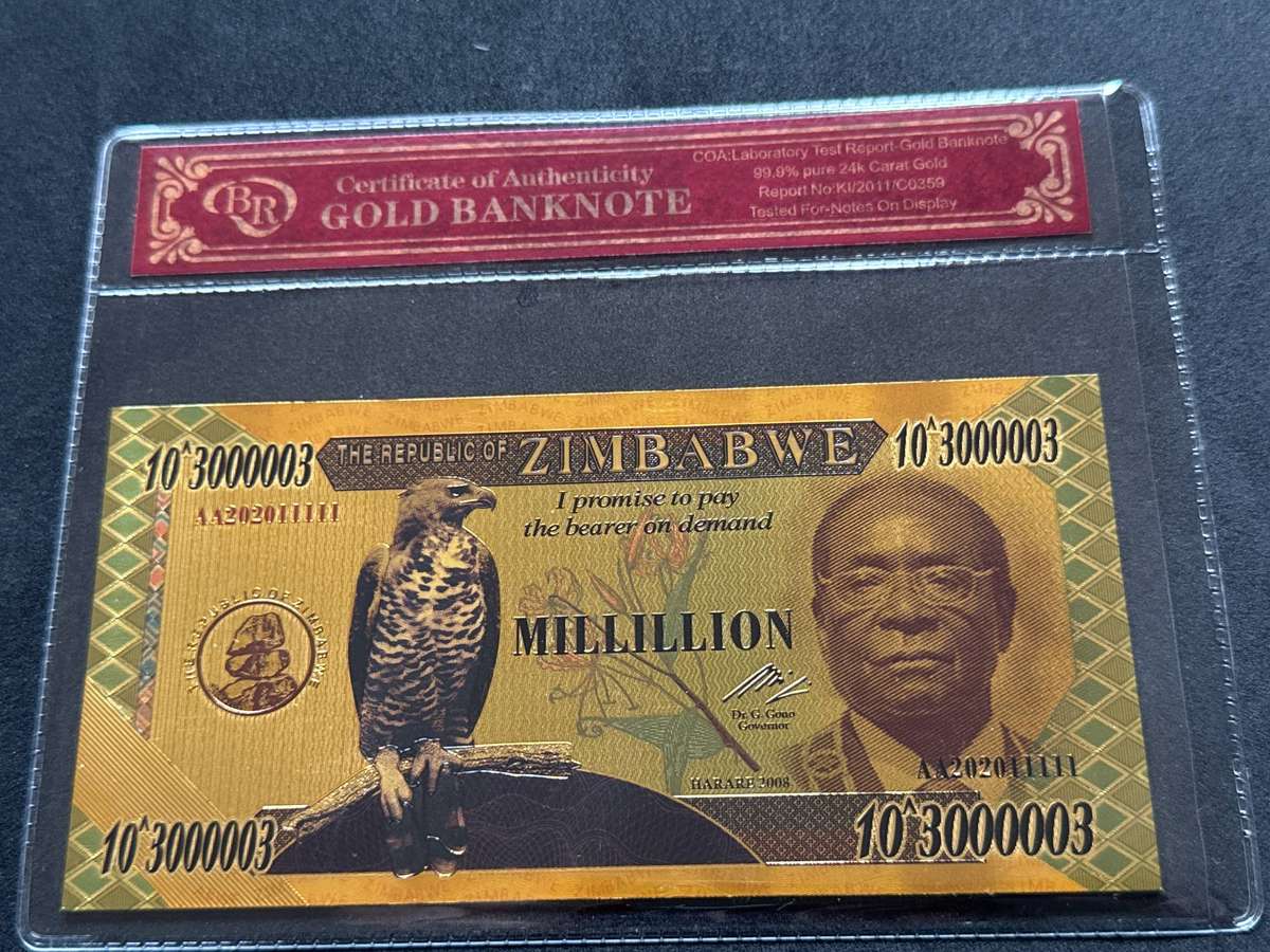 Zimbabwe 24k Gold Plated Replica of The Millillion Dollars Banknote.