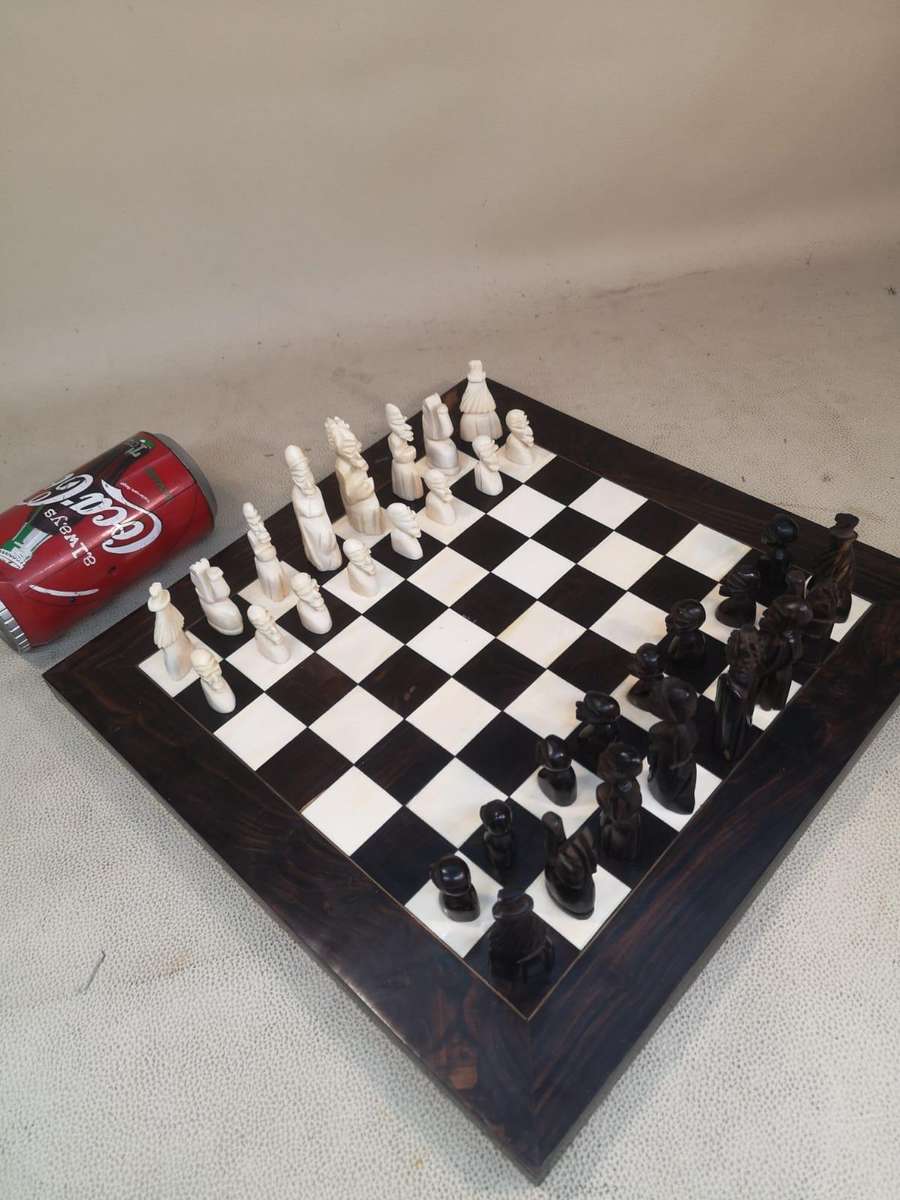 Magnificent Handcrafted African Bone and Ebony Chess Set 30mm x 30mm