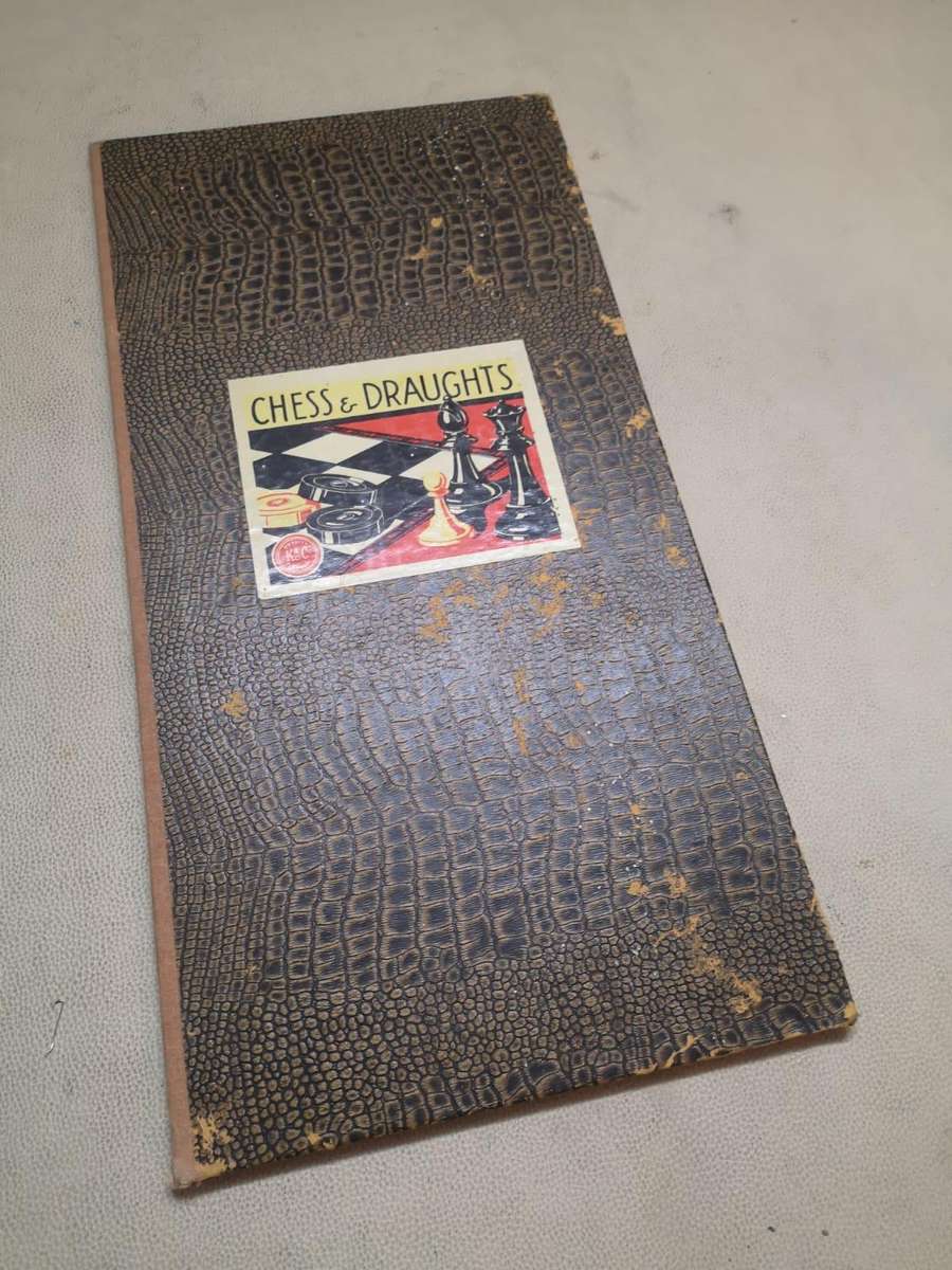 Very Large Crafted Wooden Chess Set with a Vintage K&C Ltd Folding Chess and Draughts Board