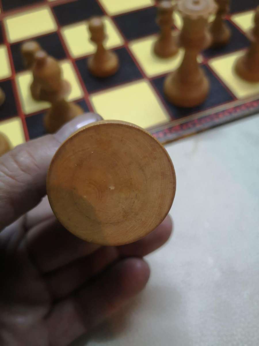 Very Large Crafted Wooden Chess Set with a Vintage K&C Ltd Folding Chess and Draughts Board