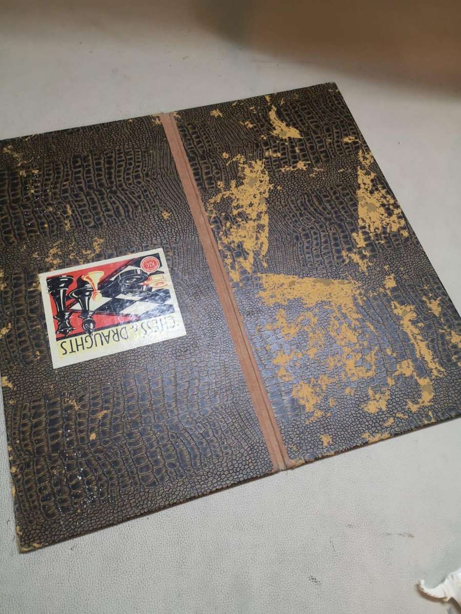 Very Large Crafted Wooden Chess Set with a Vintage K&C Ltd Folding Chess and Draughts Board