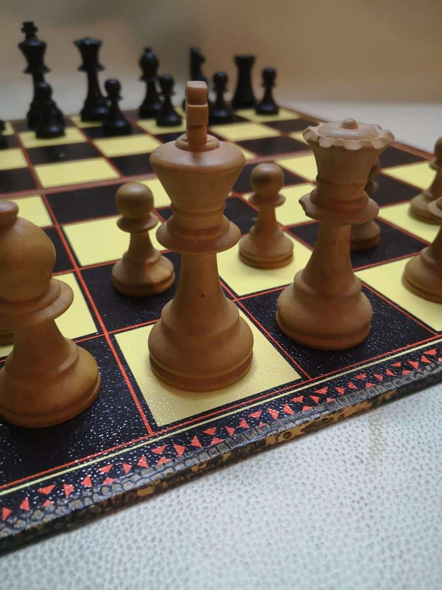 Very Large Crafted Wooden Chess Set with a Vintage K&C Ltd Folding Chess and Draughts Board