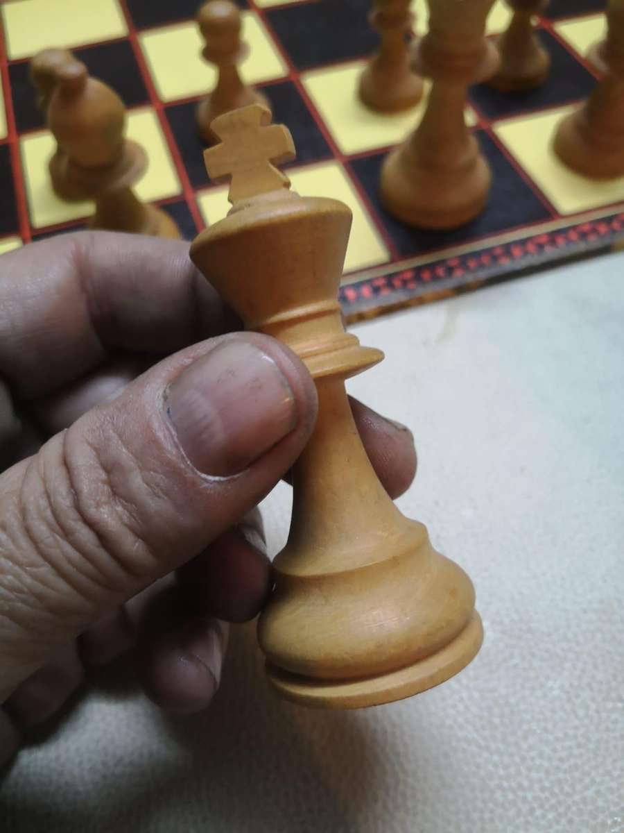 Very Large Crafted Wooden Chess Set with a Vintage K&C Ltd Folding Chess and Draughts Board