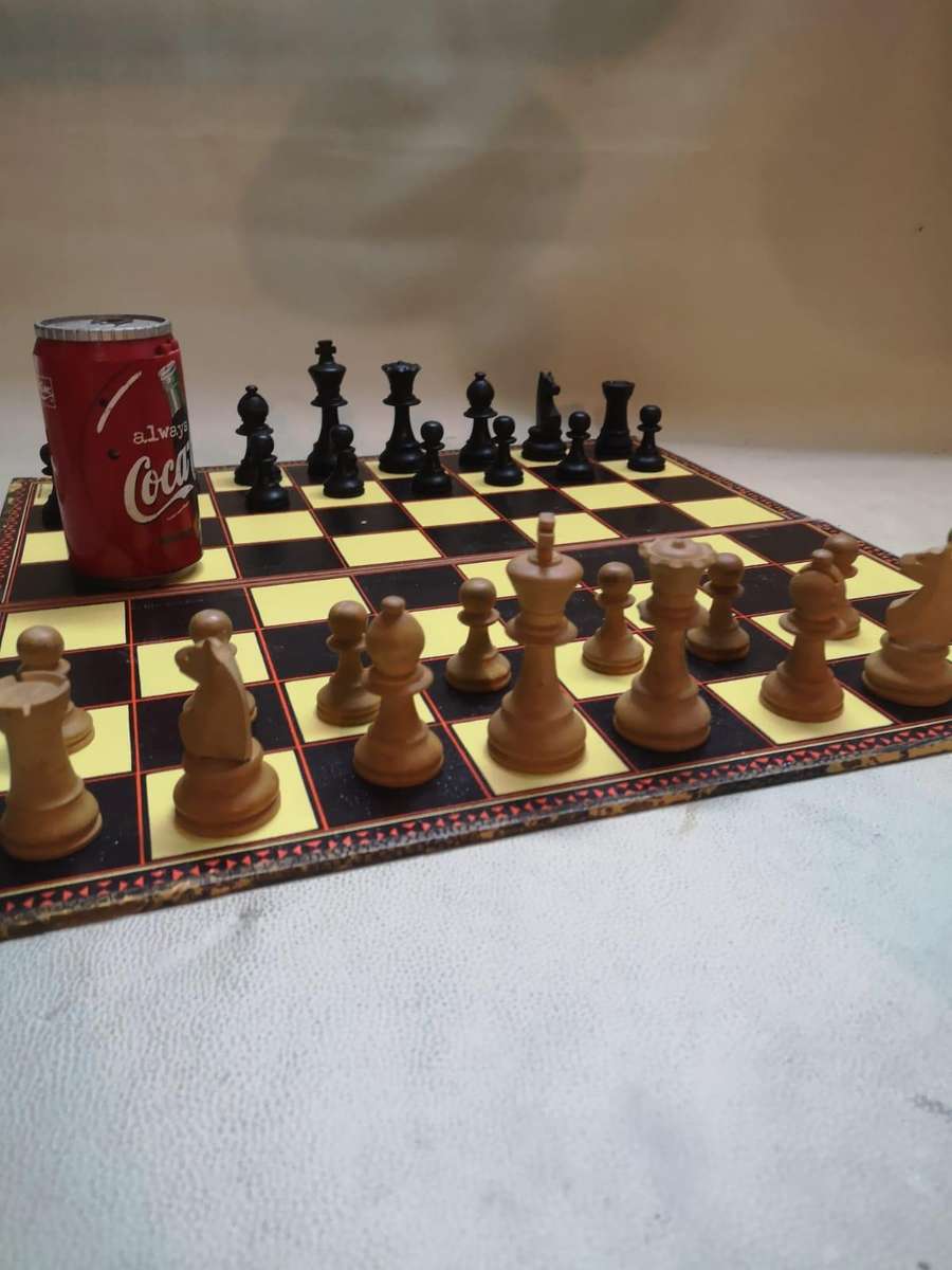 Very Large Crafted Wooden Chess Set with a Vintage K&C Ltd Folding Chess and Draughts Board