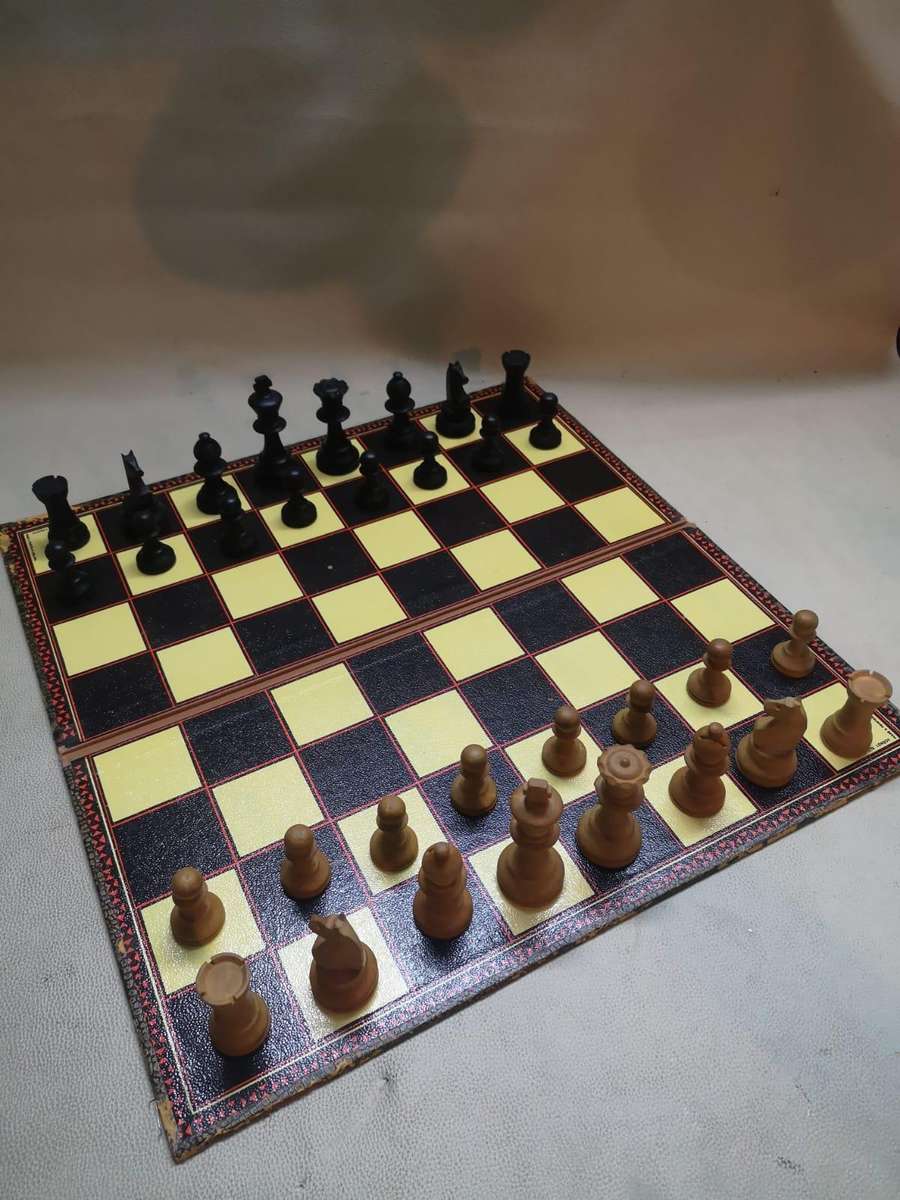 Very Large Crafted Wooden Chess Set with a Vintage K&C Ltd Folding Chess and Draughts Board