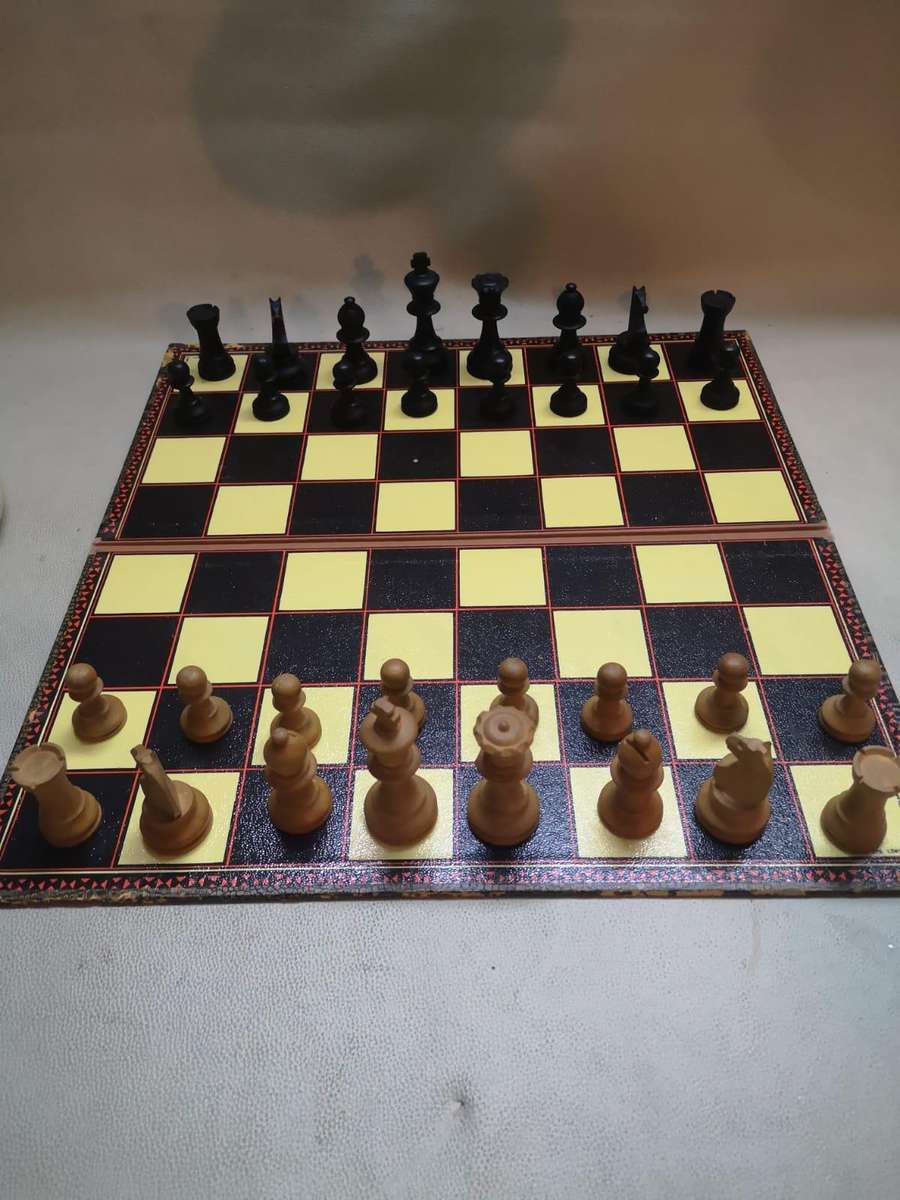 Very Large Crafted Wooden Chess Set with a Vintage K&C Ltd Folding Chess and Draughts Board