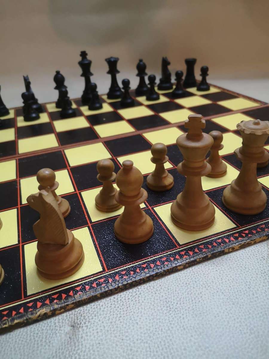 Very Large Crafted Wooden Chess Set with a Vintage K&C Ltd Folding Chess and Draughts Board