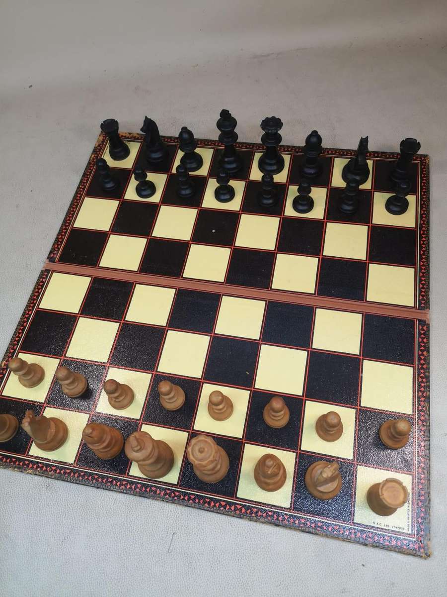 Very Large Crafted Wooden Chess Set with a Vintage K&C Ltd Folding Chess and Draughts Board