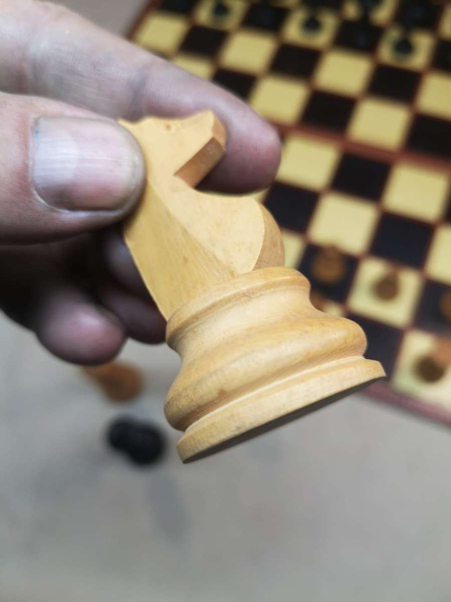 Very Large Crafted Wooden Chess Set with a Vintage K&C Ltd Folding Chess and Draughts Board