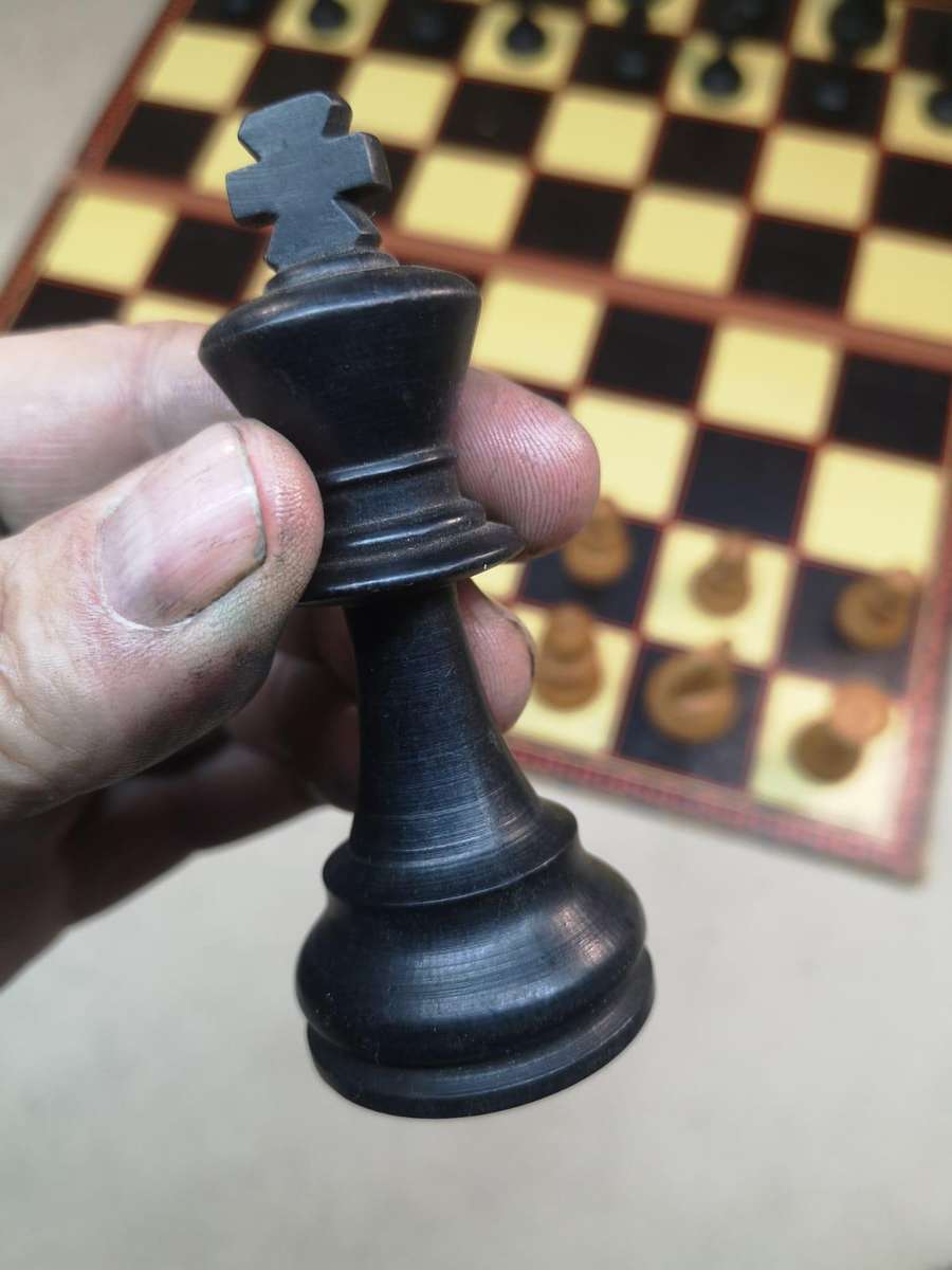 Very Large Crafted Wooden Chess Set with a Vintage K&C Ltd Folding Chess and Draughts Board