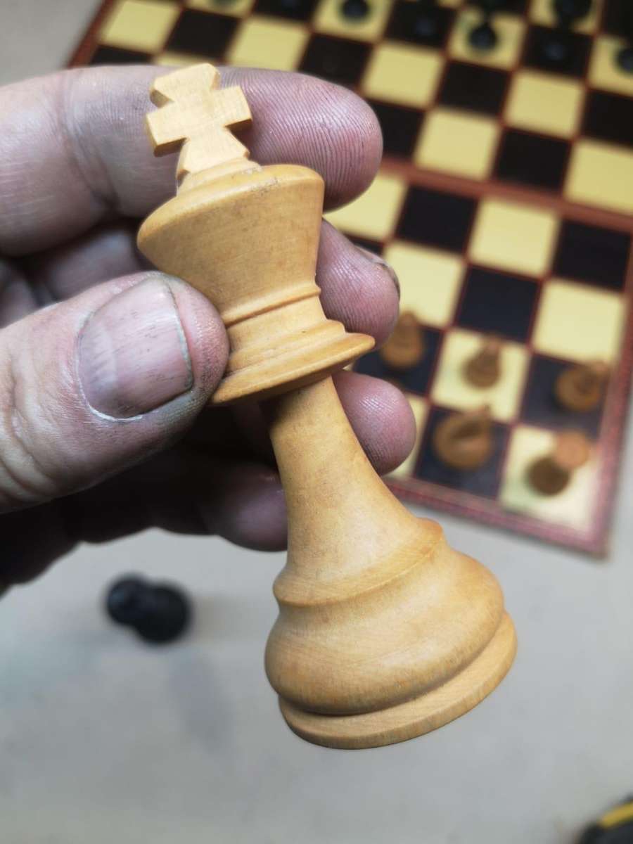 Very Large Crafted Wooden Chess Set with a Vintage K&C Ltd Folding Chess and Draughts Board