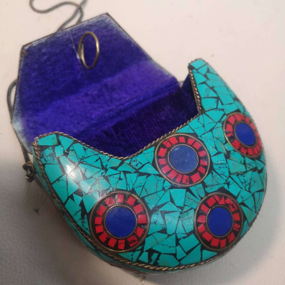 Vintage Small Tibetan Turquoise and Coral Mosiac Stone Purse