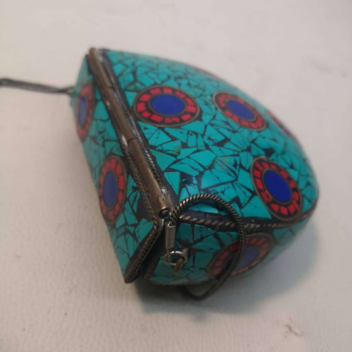 Vintage Small Tibetan Turquoise and Coral Mosiac Stone Purse