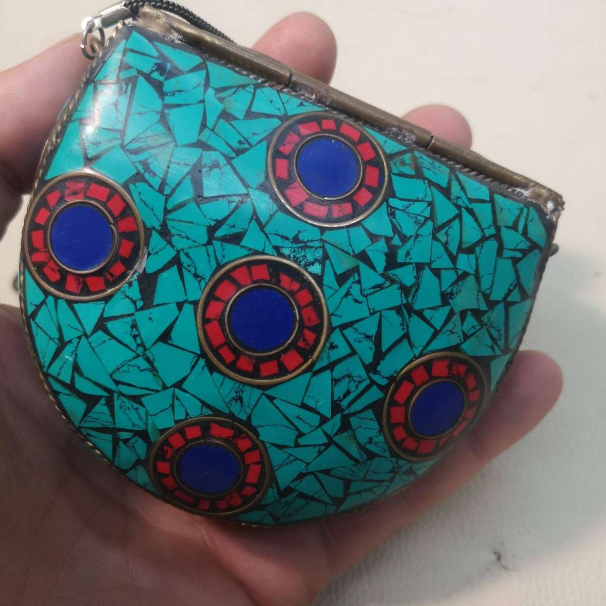 Vintage Small Tibetan Turquoise and Coral Mosiac Stone Purse