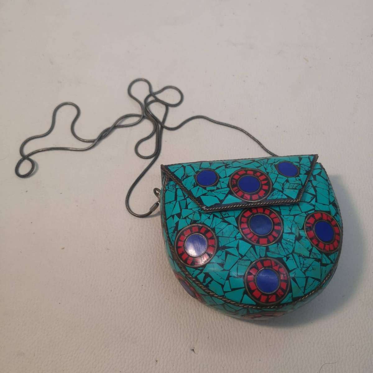 Vintage Small Tibetan Turquoise and Coral Mosiac Stone Purse