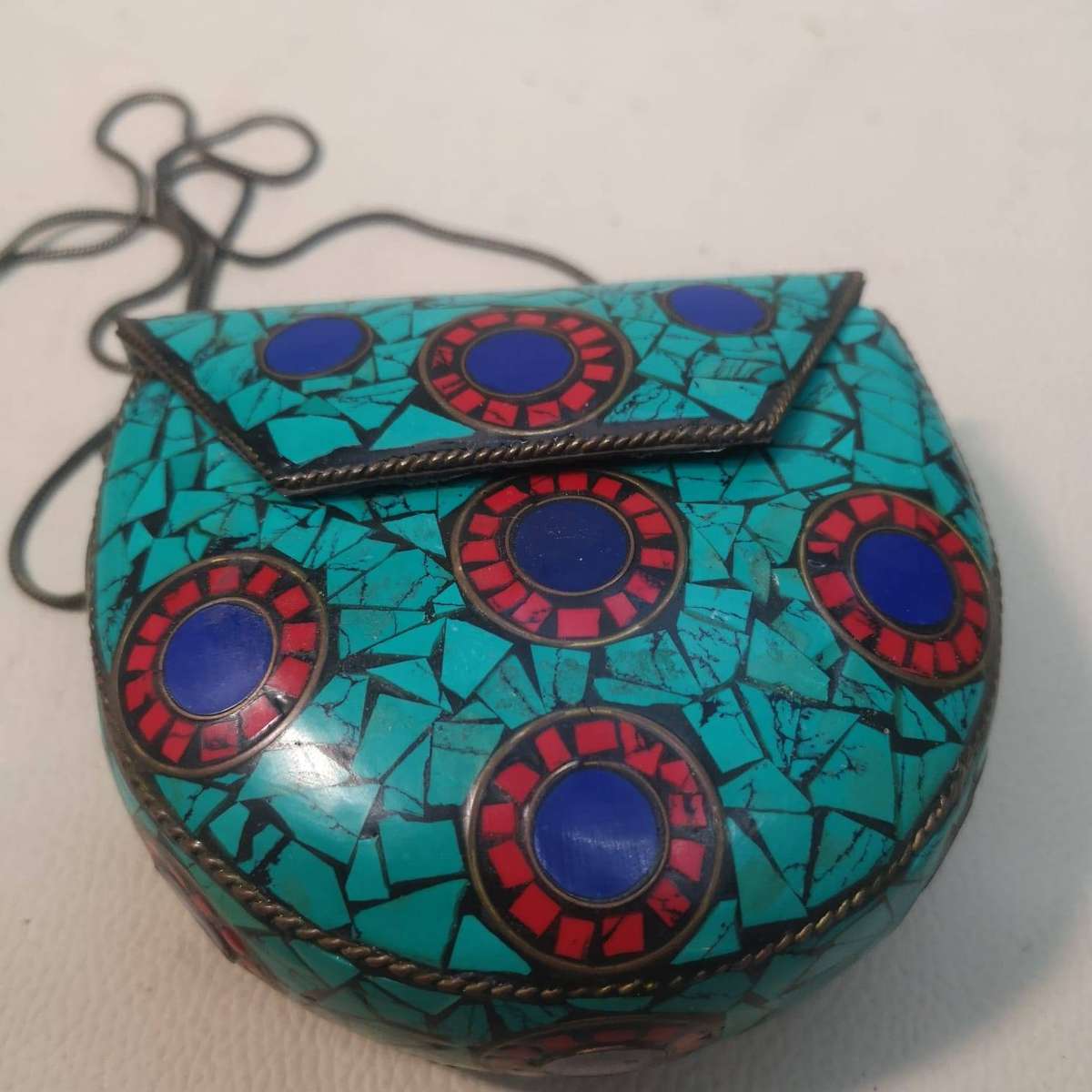 Vintage Small Tibetan Turquoise and Coral Mosiac Stone Purse