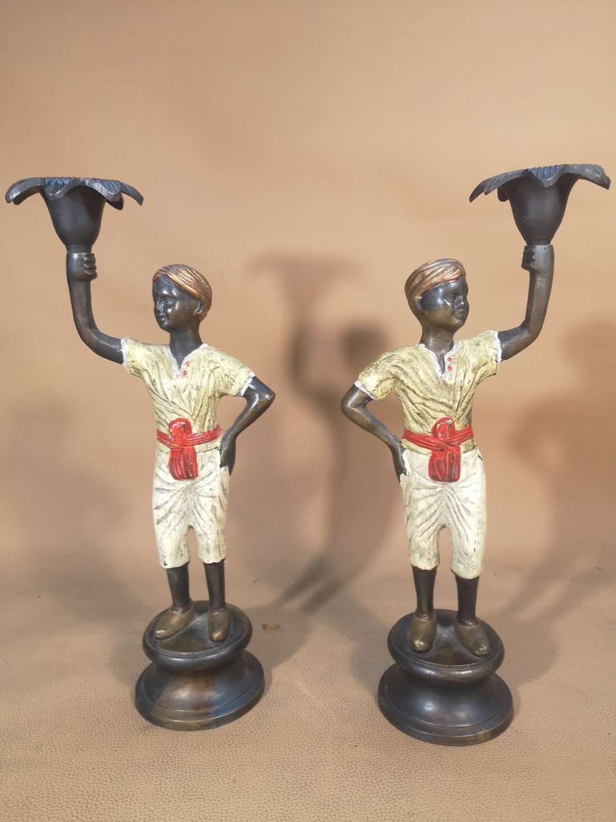 Rare!! Vintage Hand Painted Bronze Nubian Women Candle Holders Matching set - 275mm