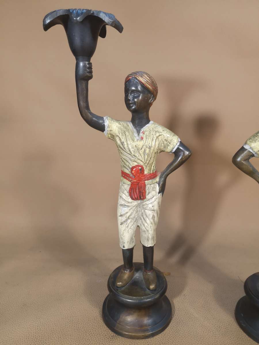 Rare!! Vintage Hand Painted Bronze Nubian Women Candle Holders Matching set - 275mm