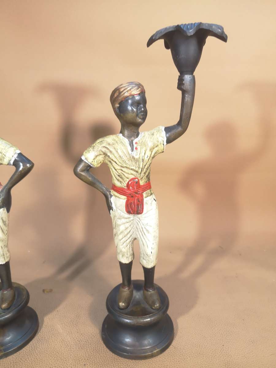 Rare!! Vintage Hand Painted Bronze Nubian Women Candle Holders Matching set - 275mm