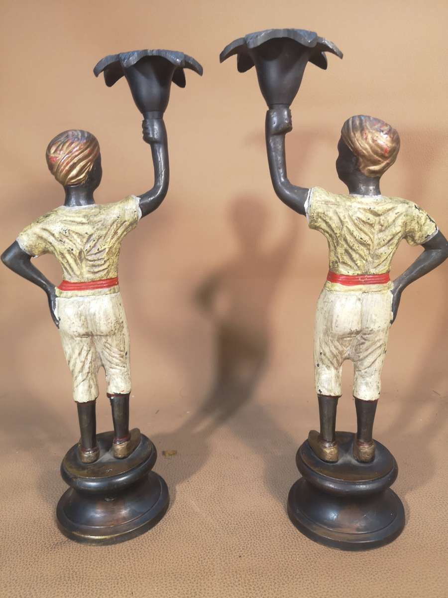 Rare!! Vintage Hand Painted Bronze Nubian Women Candle Holders Matching set - 275mm