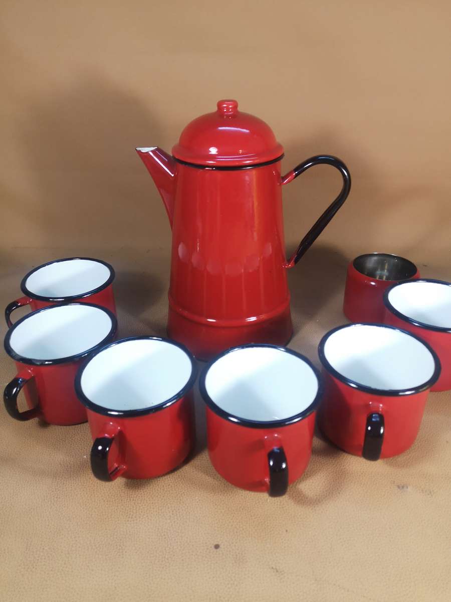 Magnificent Vintage Red 8 Pce Enamel Tea Set - Made in Poland