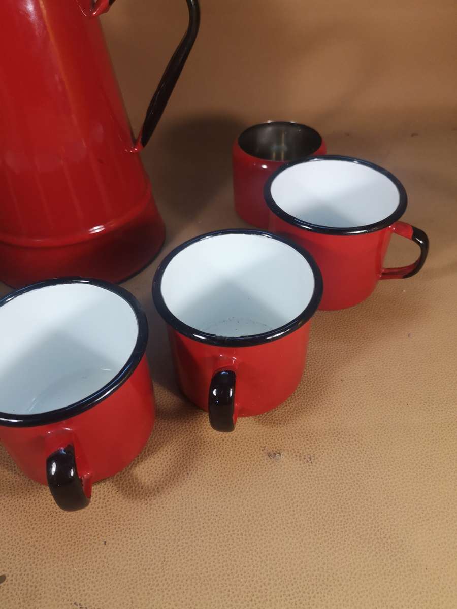 Magnificent Vintage Red 8 Pce Enamel Tea Set - Made in Poland